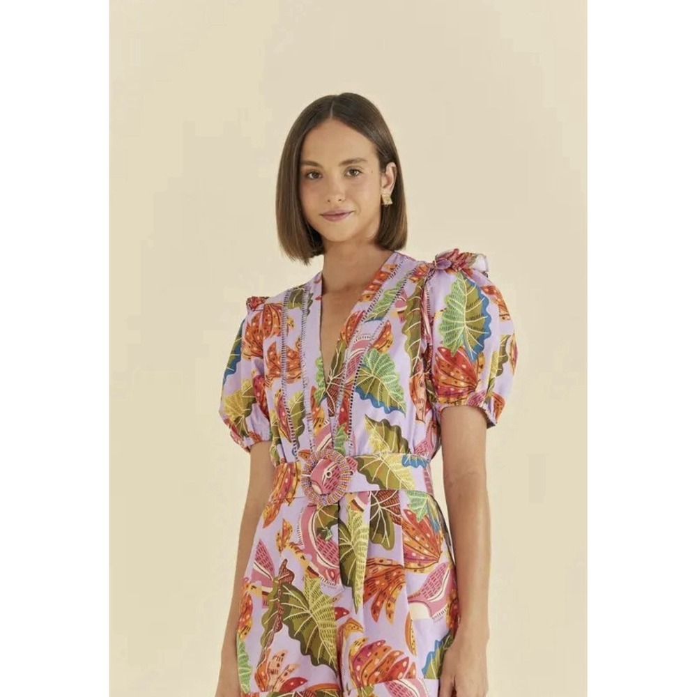NWT Farm Rio Active Lilac Beaks & Bananas V Neck Romper Size Medium Retail $200